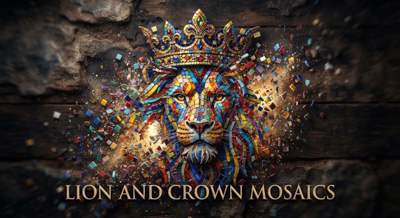 Lion and Crown Mosaics — a lion built from hand-cut mosaic tiles beneath a gold crown, tiles bursting outward