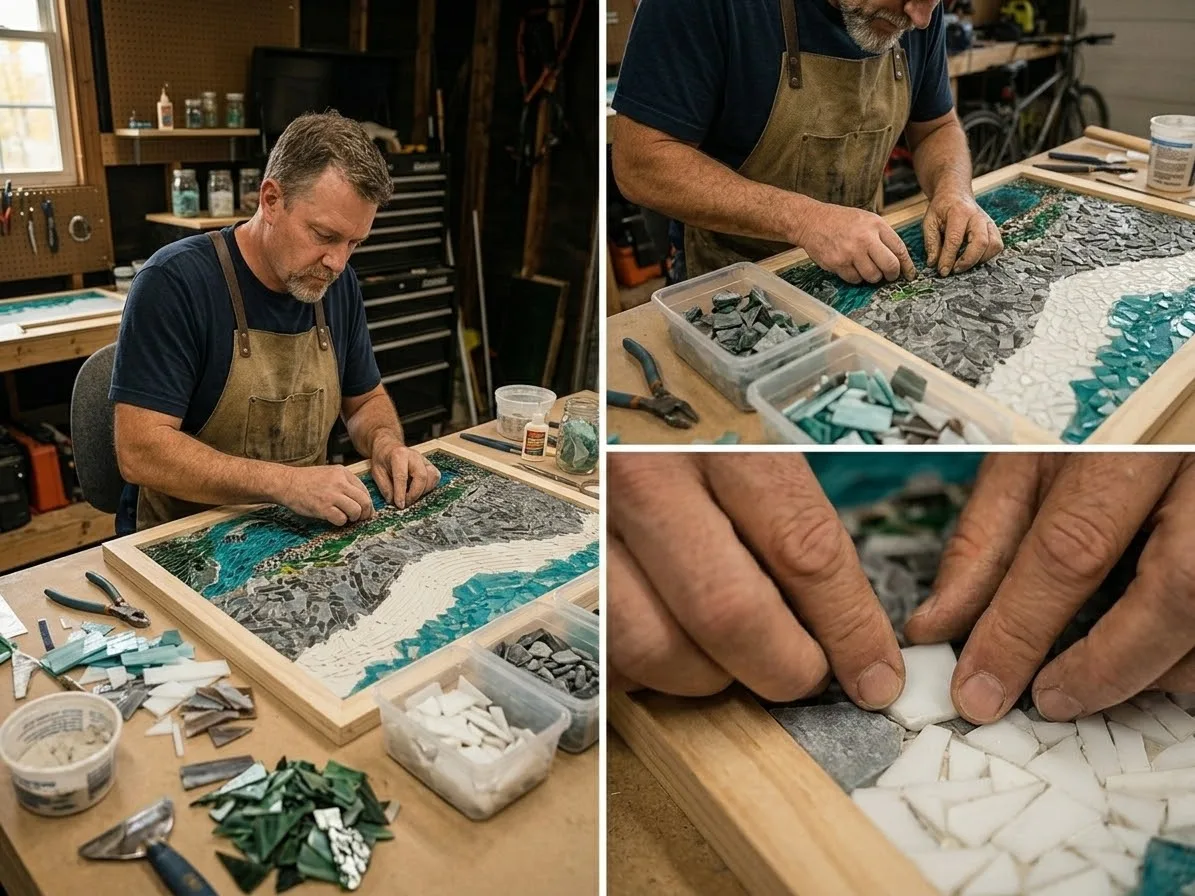 Simon setting a hand-cut mountain mosaic at the studio bench, with a close-up of hands placing pieces