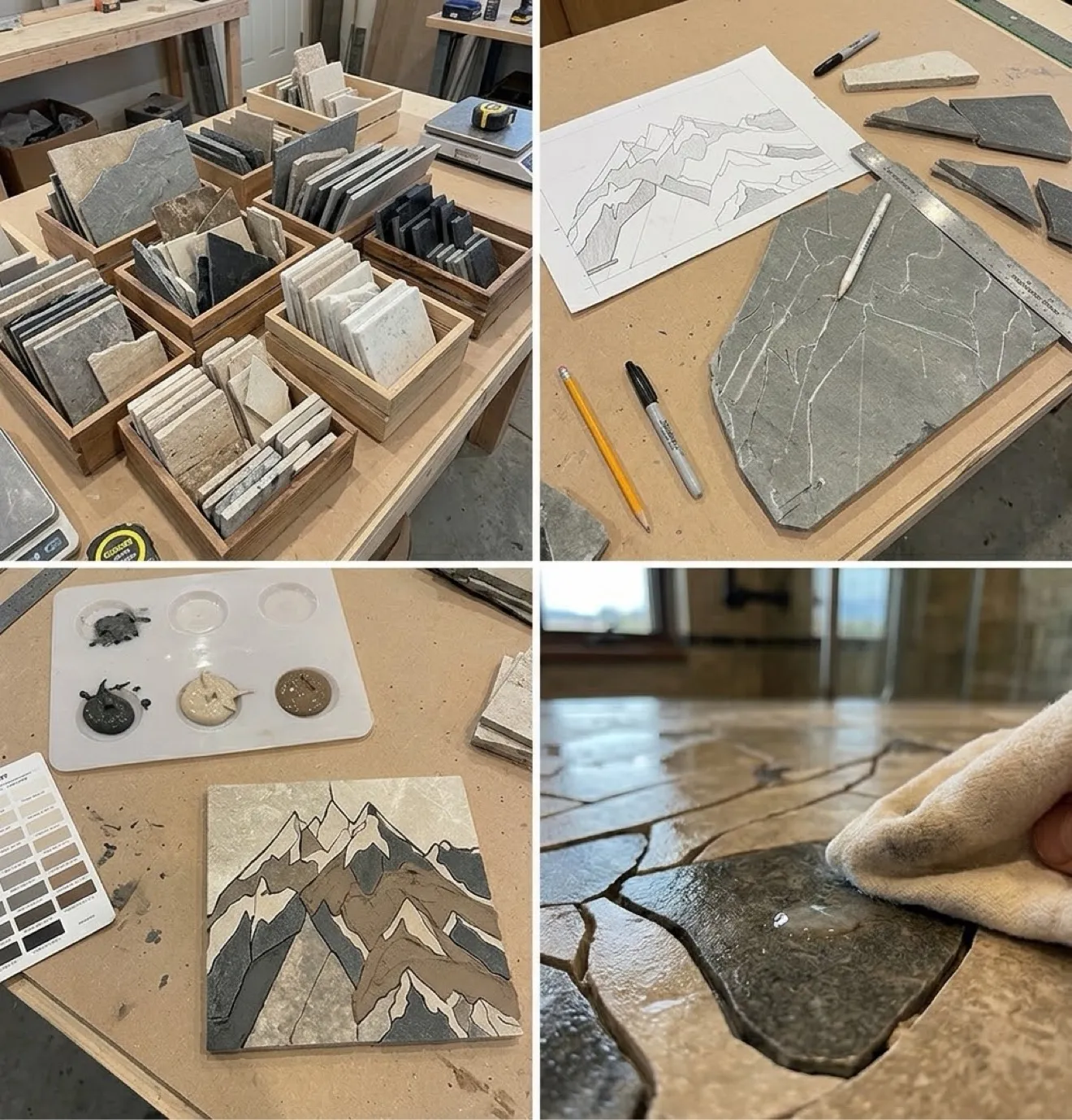 The studio bench — a mosaic design sketched full-size, mid-grout