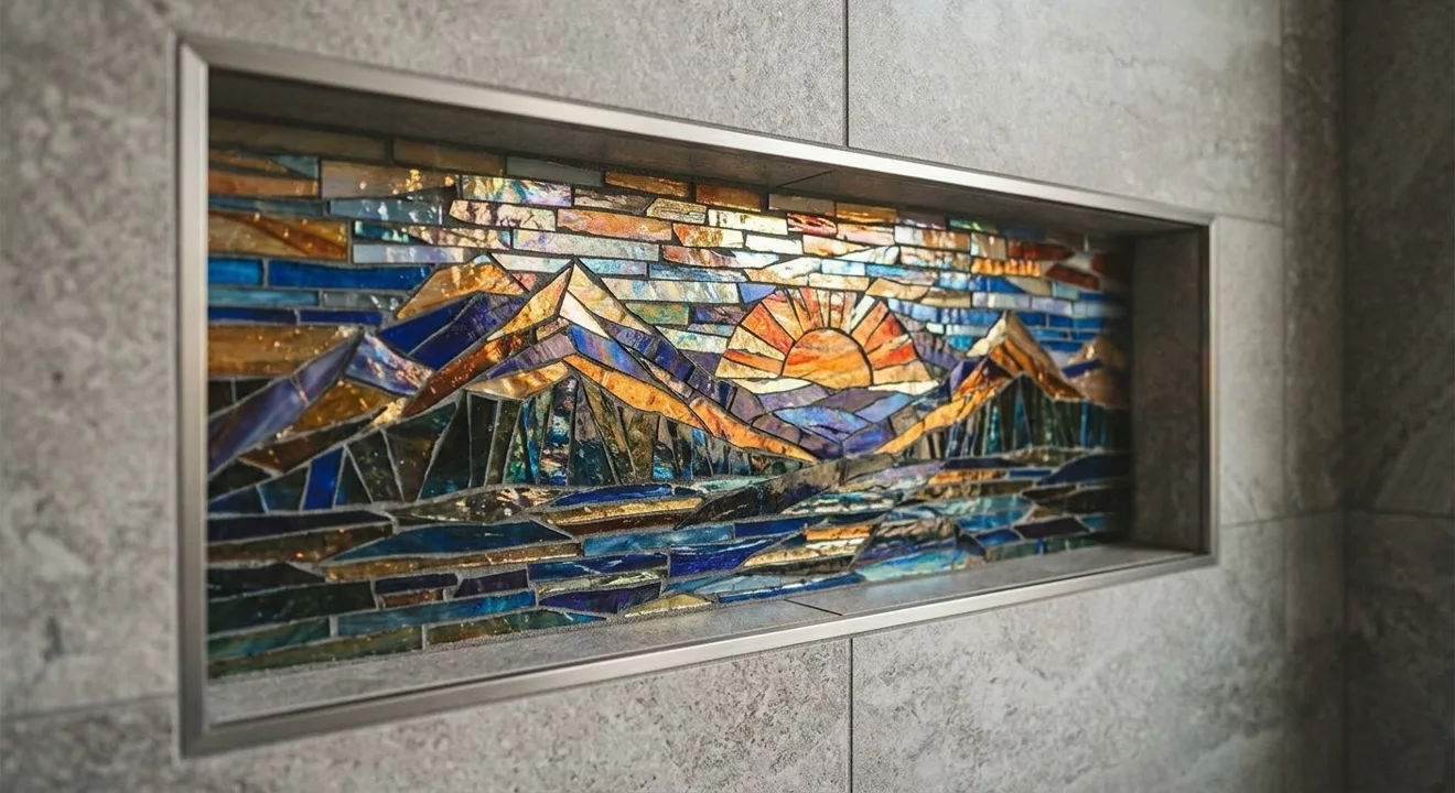 Sunrise over mountain peaks hand-cut glass mosaic set into a shower niche